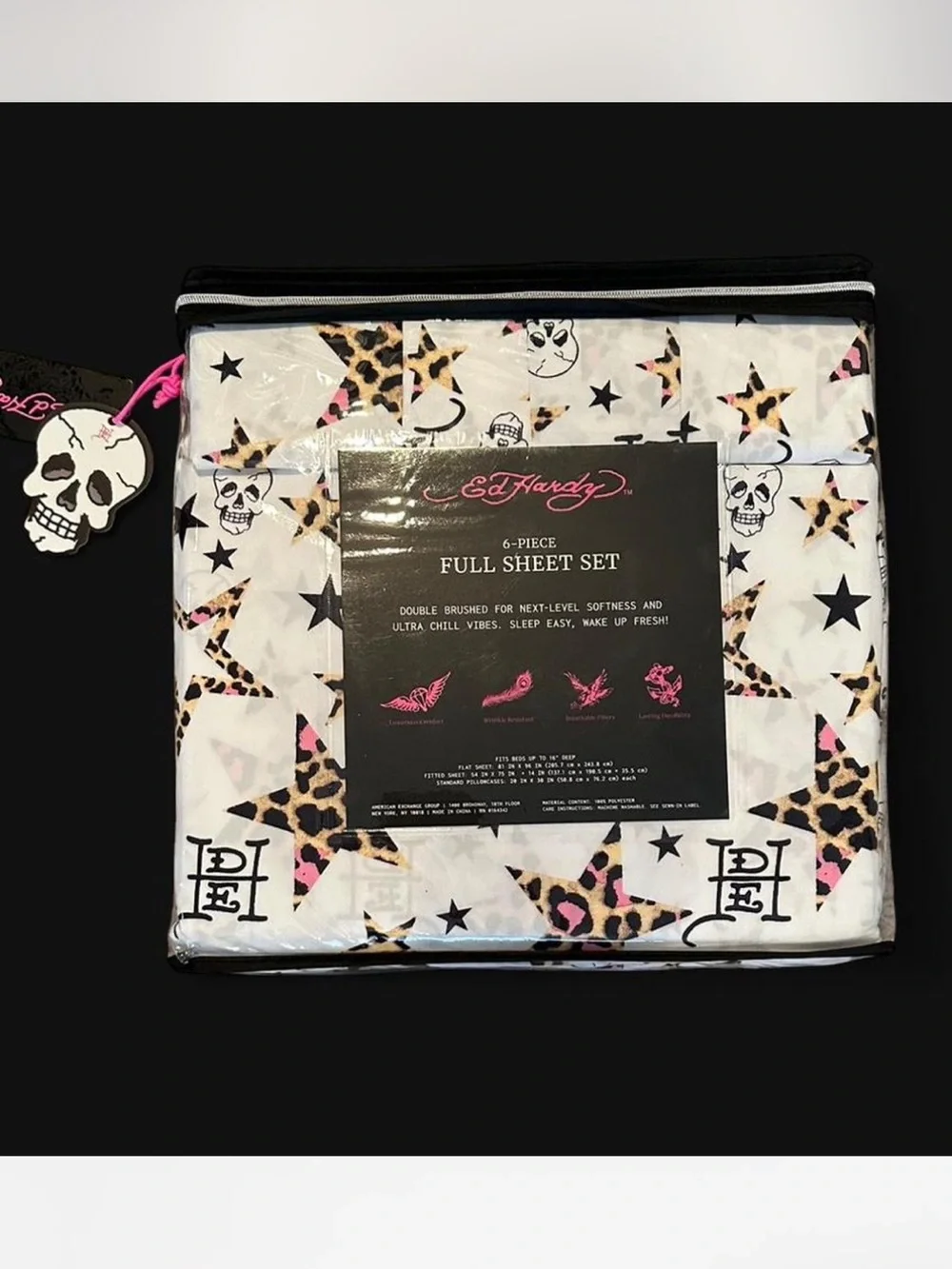 Ed Hardy Full Size 6 Piece Sheet Set New Leopard Stars